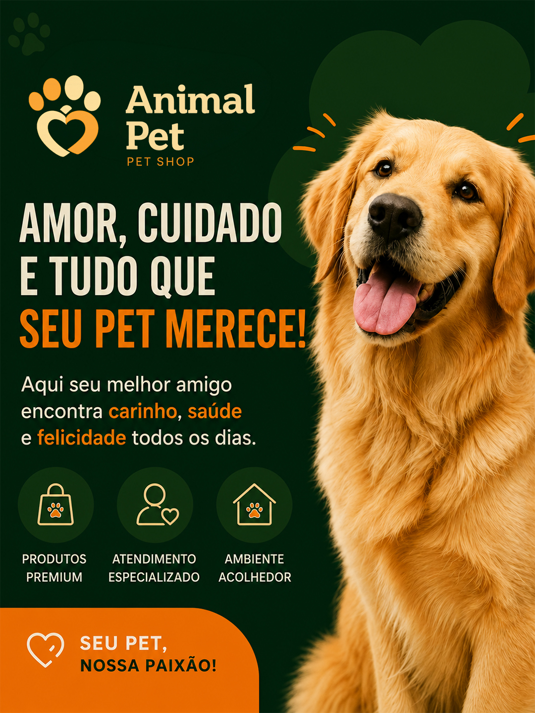 Peça da Animal Pet com identidade verde e laranja voltada ao cuidado cotidiano